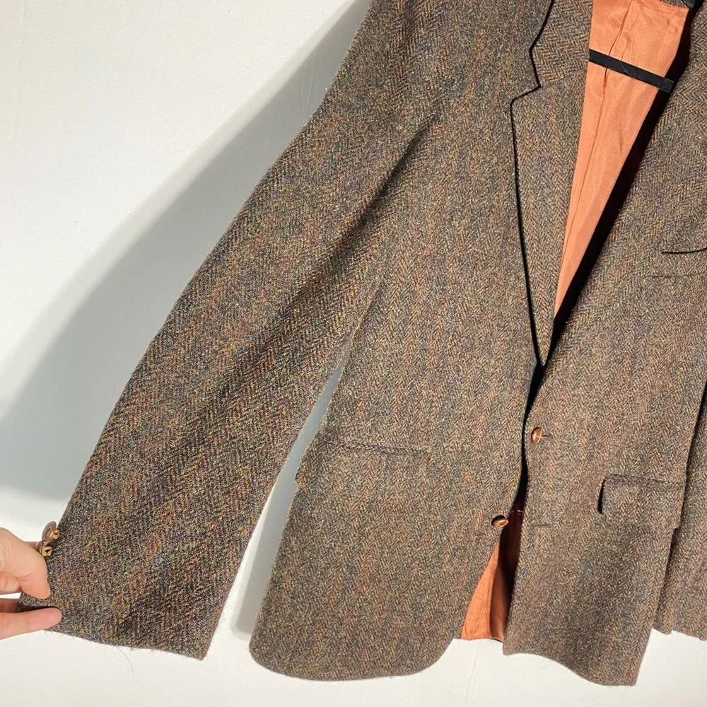 Vintage Harris Tweed Classic Brown Wool Herringbone Blazer 42L Dadcore Academia - Picture 10 of 16
